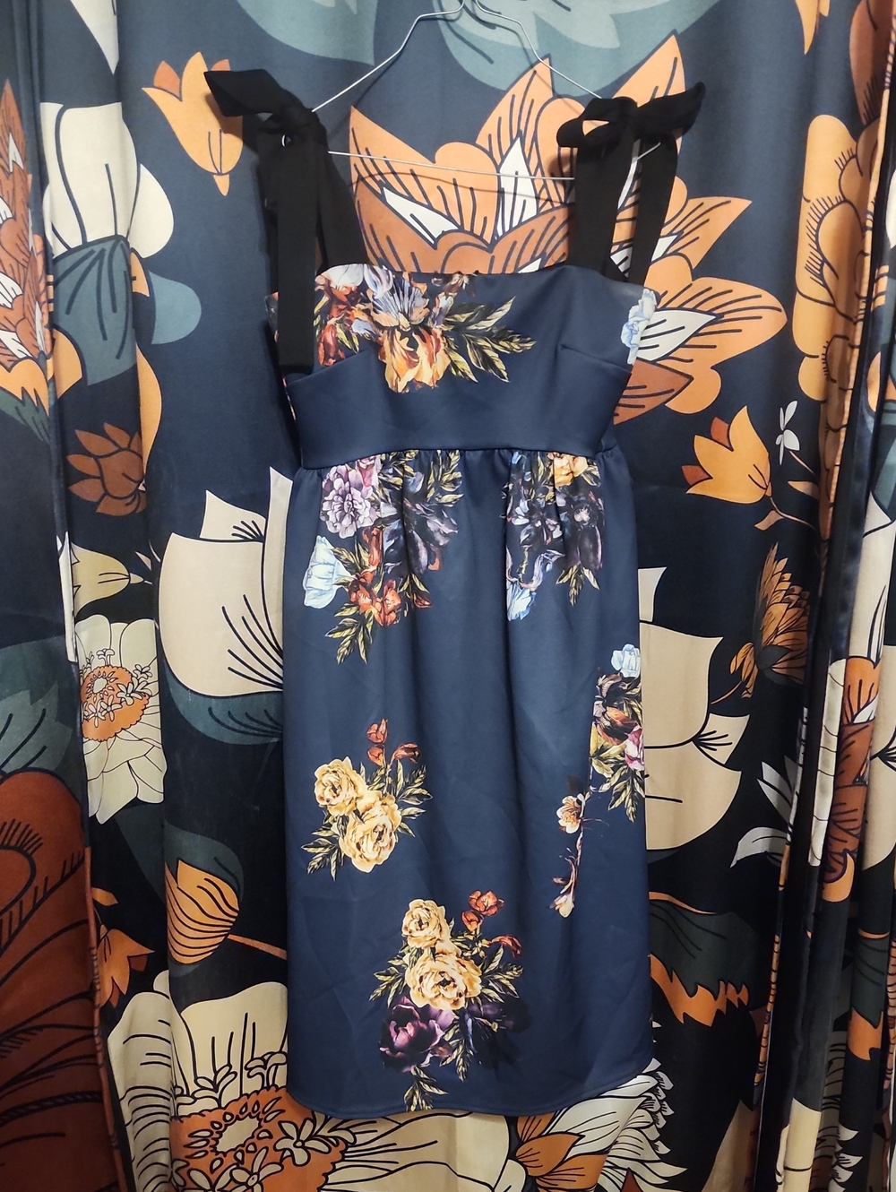 Floral Navy Midi Dress with Black Tie-Straps